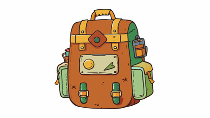 Poster - A rather bulky and worn backpack filled with pockets and zippers showing signs of welltraveled adventures through its faded patches and stickers.. Cartoon Vector.
