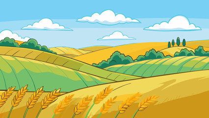 Poster - A region known for its rolling hills and sprawling farmlands with golden fields of wheat swaying in the gentle breeze.. Cartoon Vector.