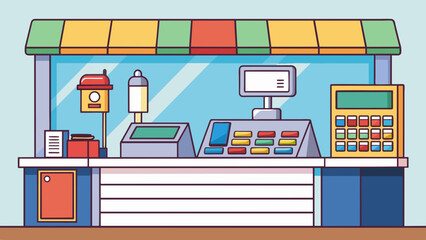 Poster - a retail store counter The sleek and modern counter is the focal point of the store showcasing various products on display shelves behind it. A cash. Cartoon Vector.