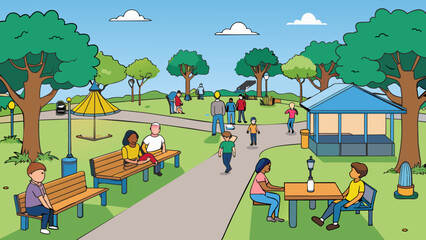 Poster - A renovated park with improved lighting making it safer for evening strolls. The addition of new benches and picnic tables create a more inviting and. Cartoon Vector.