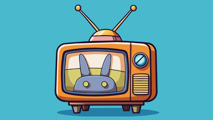 Fototapete - A retro television set with a bulky body and rabbit ear antennas featuring a rotary dial for changing channels and a large warm glowing screen.. Cartoon Vector.