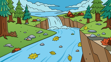 Poster - A river rushing through a forest carrying fallen leaves and twigs with it cascading down rocks and over waterfalls.. Cartoon Vector.