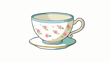 Poster - A round porcelain teacup with a delicate floral pattern painted on the side. It has a curved handle and a small chip on the rim.. Cartoon Vector.