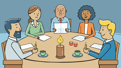 Poster - Around the wooden table a diverse team of professionals engaged in a thoughtful discussion. The flickering candles cast a warm glow on their weathered. Cartoon Vector.