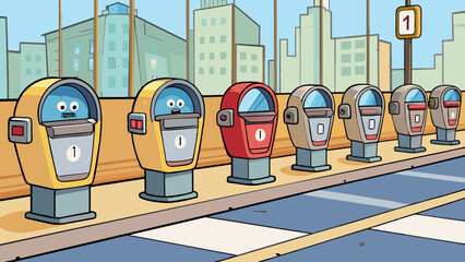 Poster - A row of parking meters along a busy street each displaying a different amount of time remaining.. Cartoon Vector.