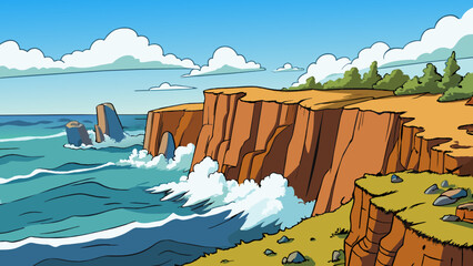 Poster - A rugged coastline with rocky cliffs and crashing waves. The salty air fills your lungs as you listen to the soothing rhythm of the ocean.. Cartoon Vector.