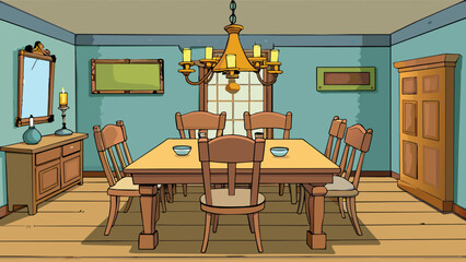 Poster - A rustic dining room with a sy wooden table mismatched chairs and a vintage chandelier adding warmth and character to family meals.. Cartoon Vector.