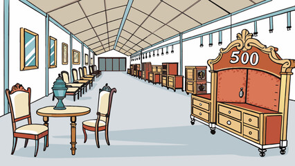 Sticker - A row of antique furniture lined up in a spacious warehouse with 50% off signs hanging above each piece. The objects display classic and intricate. Cartoon Vector.