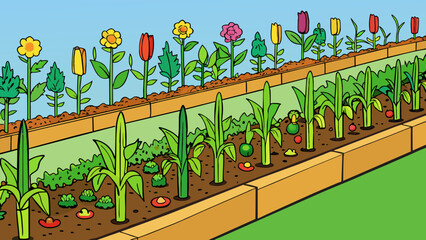 Poster - A row of neatly organized vegetable garden beds fill the lot with tall stakes supporting climbing plants and brightly colored flowers growing in. Cartoon Vector.