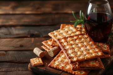 Wall Mural - there is a glass of wine and crackers on a wooden table