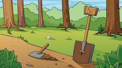 Poster - A rusted shovel leaning against a tree trunk in a forest clearing. The shovel has a wooden handle with the paint almost completely worn off and the. Cartoon Vector.