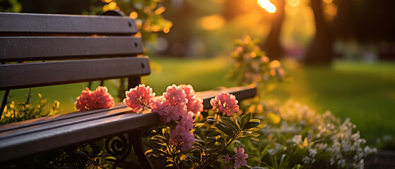 Sticker - Serene Park Bench with Pink Flowers at Sunset