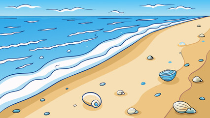 Poster - A sandy beach stretching for miles along the coast. The gentle waves roll in leaving behind smooth seashells and intricate patterns in the sand.. Cartoon Vector.
