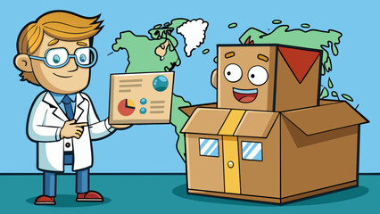 Aufkleber - A scientist receives a mysterious package in the mail. The package is made of heavy cardboard sealed with tape and has a shipping label from a faraway. Cartoon Vector.