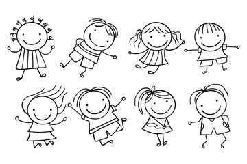 Hand-Drawn Line Art Cartoon of Happy Kids. Children Illustration. Children Doodle Illustrations