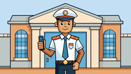 Fototapete - A security guard standing tall at the entrance of a government building wearing a badge and holding a walkietalkie. The guards uniform and official. Cartoon Vector.