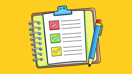 Aufkleber - A selfhelp book about organization and productivity. The cover features a bright yellow notebook with neatly written todo lists and a set of colorful. Cartoon Vector.