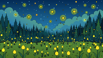 Poster - A sea of a million fireflies casting a magical glow in the dark night sky.. Cartoon Vector.