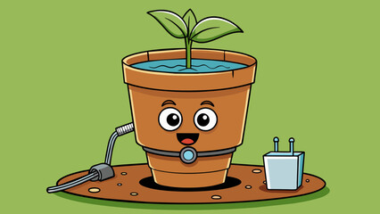 Poster - A selfwatering plant pot with a small reservoir and a sensor that releases water when the soil is dry.. Cartoon Vector.