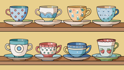 Fototapete - A set of mismatched vintage tea cups and saucers displayed on a shelf labeled with discounted prices. The objects showcase unique patterns and. Cartoon Vector.