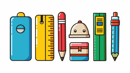 Aufkleber - A set of stationery supplies This set includes a pen pencil ruler and eraser. They are all made of sy materials and have colorful designs making them. Cartoon Vector.