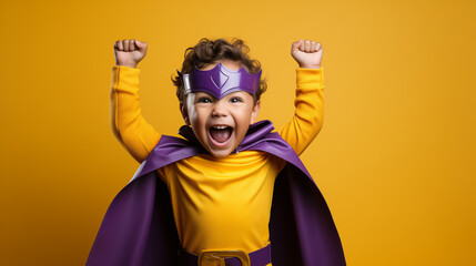 araffe kid dressed in a superhero costume and cape with fists up