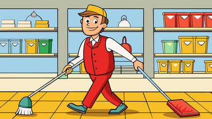 Poster - As he walked through the store the staff members shoes squeaked against the shiny floors. He wore a bright red vest and carried a broom ensuring the. Cartoon Vector.