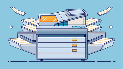 Aufkleber - A shiny metallic contion with multiple compartments and moving parts. It sits on a desk and makes a humming noise as it quickly scans and prints out. Cartoon Vector.