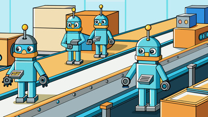 Sticker - A shiny assembly line operates like a welloiled machine with robots and conveyor belts working in sync to produce goods at lightning speed. The. Cartoon Vector.