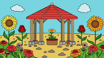 Poster - As I entered the garden the crunching of gravel underfoot could be heard. A colorful array of flowers greeted me delicate roses vibrant tulips and. Cartoon Vector.