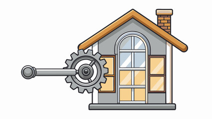 Poster - A silver hand crank with a small handle and gear mechanism used to raise and lower a window on a quaint Victorian home.. Cartoon Vector.