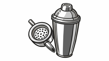 Poster - A silver tail shaker with a spout and a strainer used for mixing drinks. The shaker is circular in shape and has a smooth polished surface. It also. Cartoon Vector.