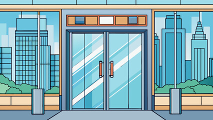 Fototapete - A sleek glass door reflected the city skyline giving a modern and sophisticated feel to the entrance. The automatic sensor allowed for handsfree. Cartoon Vector.