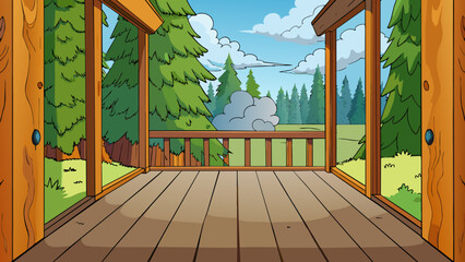 Poster - As I step onto the wooden porch of the cabin the creaking of the floorboards beneath my feet echoes in the stillness of the forest. The faint scent of. Cartoon Vector.