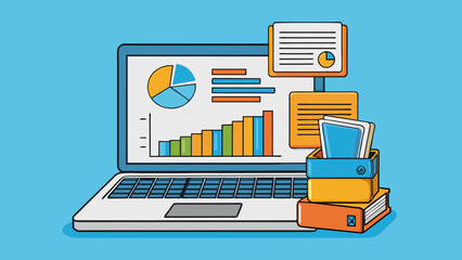 Poster - A sleek laptop and a stack of financial reports portray a career in accounting. The laptop symbolizes the use of technology and data analysis while. Cartoon Vector.