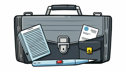 Poster - A sleek black briefcase with a shiny silver latch packed with all the necessary documents and gadgets for a successful business meeting.. Cartoon Vector.