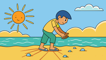 Aufkleber - As I stepped onto the sandy beach the warm sun beat down on my skin and I could feel the soft grains beneath my feet shifting with each step.. Cartoon Vector.