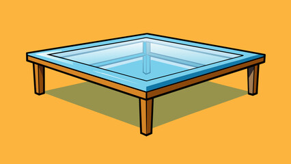 Poster - A sleek and minimalistic coffee table with a sleek black metal frame and a large square glass top. The legs are angled inwards giving the illusion of. Cartoon Vector.