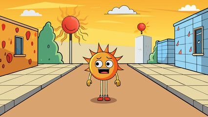 Poster - A sizzling hot sidewalk its surface shimmering in the scorching midday sun. The heat is so intense that it makes walking foot nearly impossible and. Cartoon Vector.