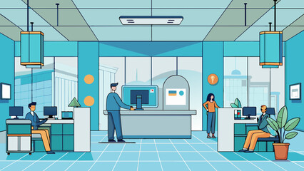 Poster - A sleek and modern bank branch with a minimalist design. The walls are adorned with digital screens displaying various financial services and. Cartoon Vector.