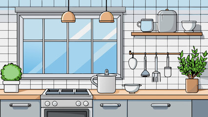 Poster - A sleek and minimalist kitchen with shiny stainless steel appliances white marble countertops and a large farmhouse sink. There are hanging pots and. Cartoon Vector.