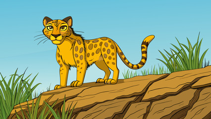 Poster - A sleek predator with piercing yellow eyes perches on a rocky ledge scanning the vast expanse of the savannah below. Its spotted coat blends in. Cartoon Vector.