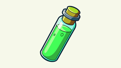 Aufkleber - A small clear plastic vial filled with a thick syruplike liquid. The liquid is a bright neon green color and has a strong tropical scent. It is. Cartoon Vector.