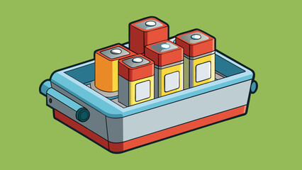 Poster - A small box filled with cylindrical batteries typically used in electronic devices. The objects characteristic is that each battery is a unit of power. Cartoon Vector.