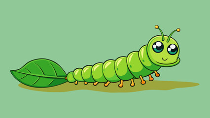 Poster - A small green caterpillar inching its way across a leaf. Its body is segmented and covered in tiny hairs and it leaves behind a trail of slimy as it. Cartoon Vector.