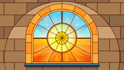 Fototapete - A small circular window with a metal frame and stained glass panels. The glass is textured and emits a warm colorful glow when the sun shines through.. Cartoon Vector.