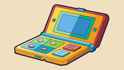 Poster - A small handheld gadget with a folding screen and a stylus attached to the side. The screen has vibrant colors and can display multiple screens at. Cartoon Vector.