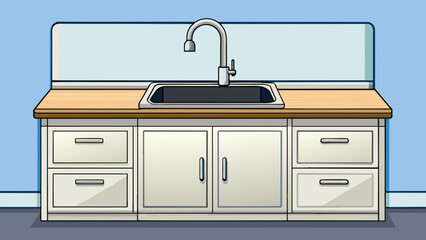 Fototapete - A small kitchen with white cabinets and a black marble countertop. The cabinets have simple silver handles and the countertop has a smooth and glossy. Cartoon Vector.