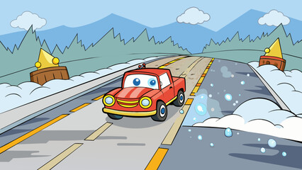 Poster - A slippery road covered with thick fog posing the risk of a car accident due to poor visibility.. Cartoon Vector.
