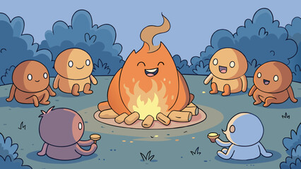 Poster - A small campfire crackled peacefully the glowing embers casting a soft orange light onto the faces of those gathered around it. The gentle warmth of. Cartoon Vector.